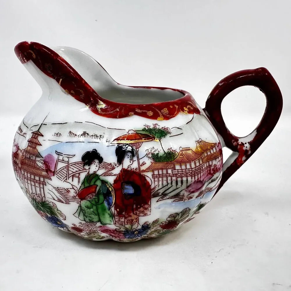 Vintage Japanese Geisha Girl Porcelain Creamer Sugar Bowl Mismatched Lot 6pc